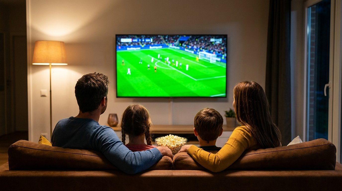 Gezin kijkt samen IPTV Nederland op de bank: 25.000+ zenders, 120.000+ films en series en alle live sport op &eacute;&eacute;n abonnement