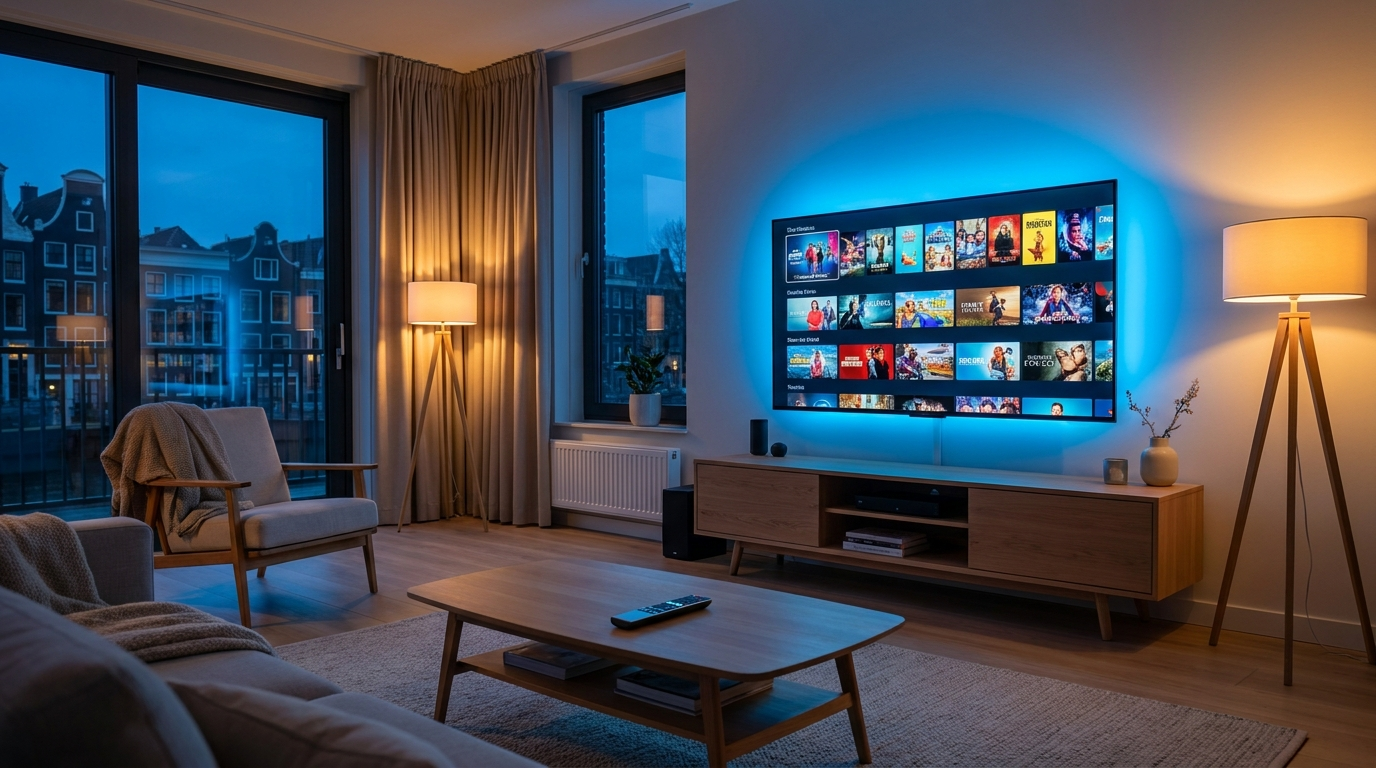 IPTV Nederland in een moderne woonkamer: 25.000+ live zenders, 120.000+ films en series op &eacute;&eacute;n abonnement